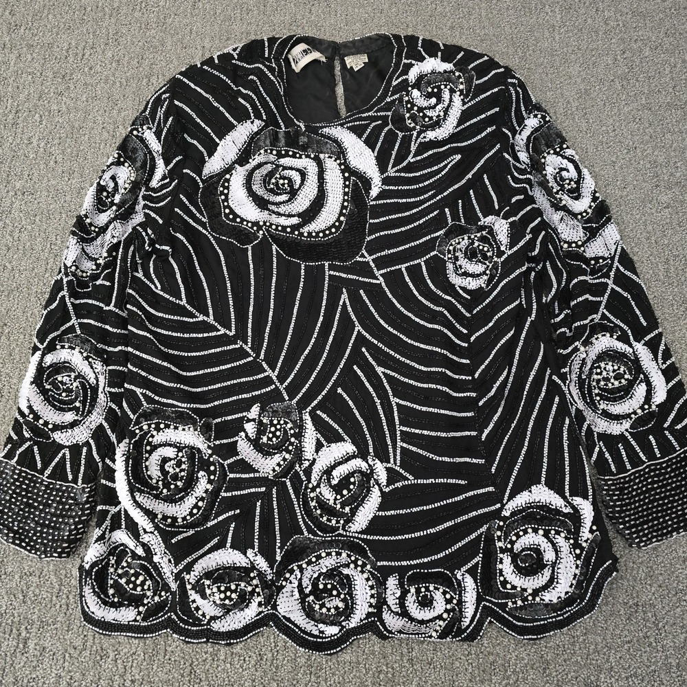 VTG Swee Lo‎ Black Silk Sequin Beaded Floral Blouse Shirt Womens XL 80s